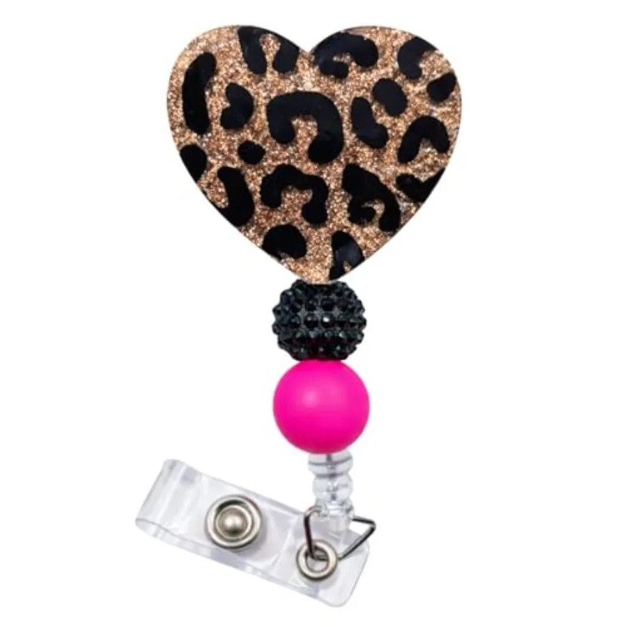 Badge Reel Glittery Leopard Cow Print Valentines Themed Retractable Alligator Clip Mental Health Accessories ID Name Holder Gif