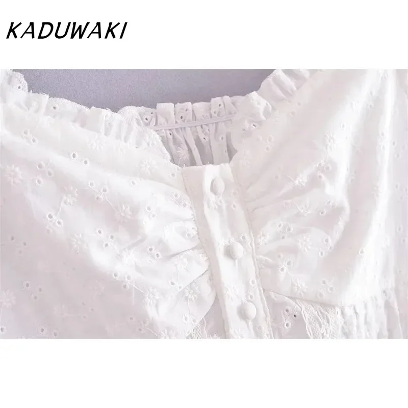 KADUWAKI Vintage One Line Collar Wooden Ear Edge Bubble Sleeve Small Shirt Women's Single Breasted Embroidered Spicy Girl Tanks