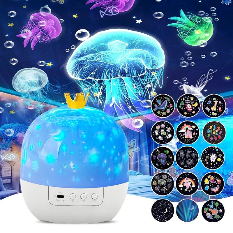 Crown Fantasy Star Sky Projection Night Light 15in1 Bedroom Ceiling Rotating Atmosphere Lamp Home Decoration Kids Birthday Gift