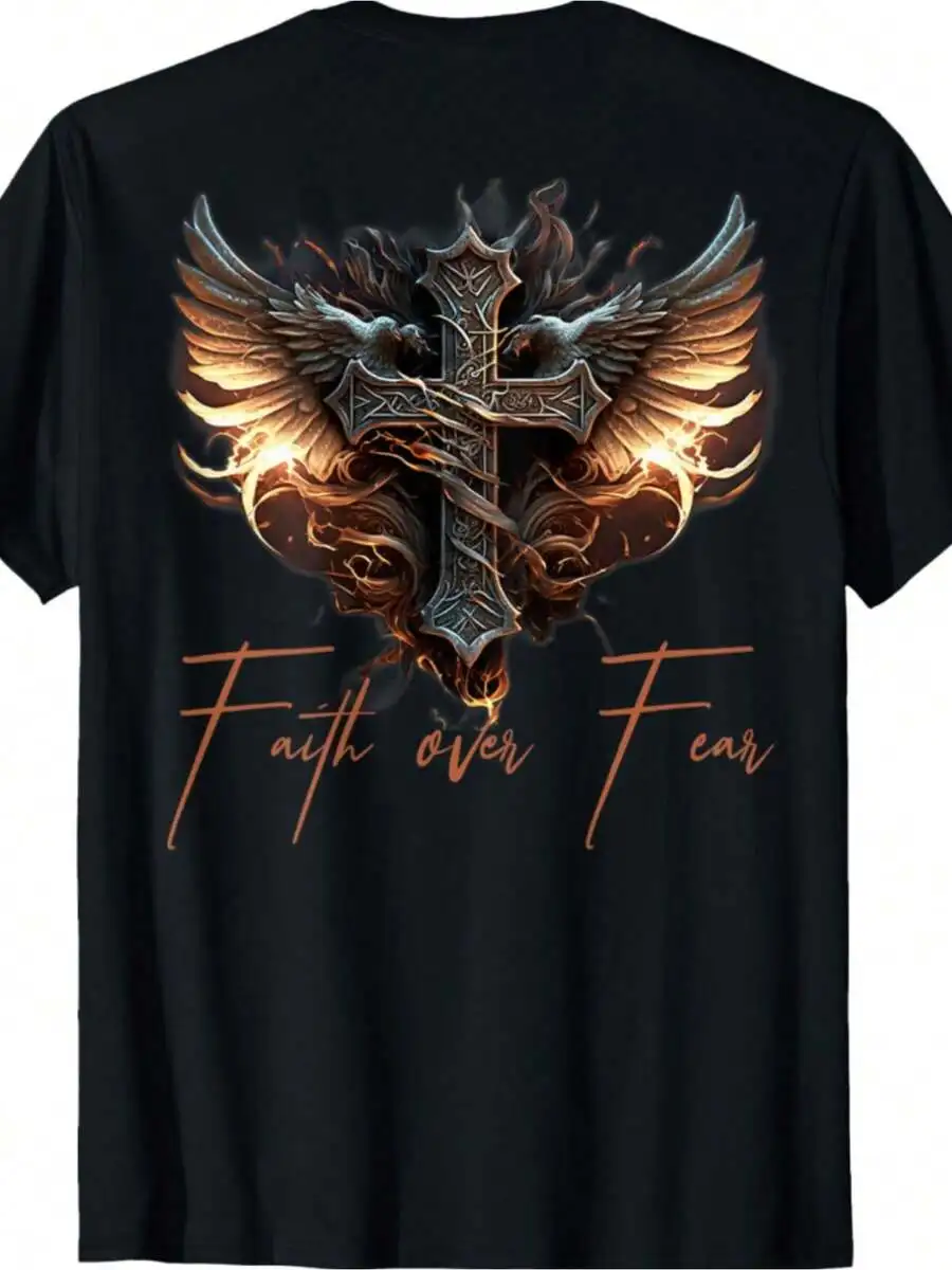 Men'S Black Graphic T-Shirt With Ornate Cross Design| Features Fiery Orange Eagle Wings And 'Faith Over Fear' Cursive Text, Styl