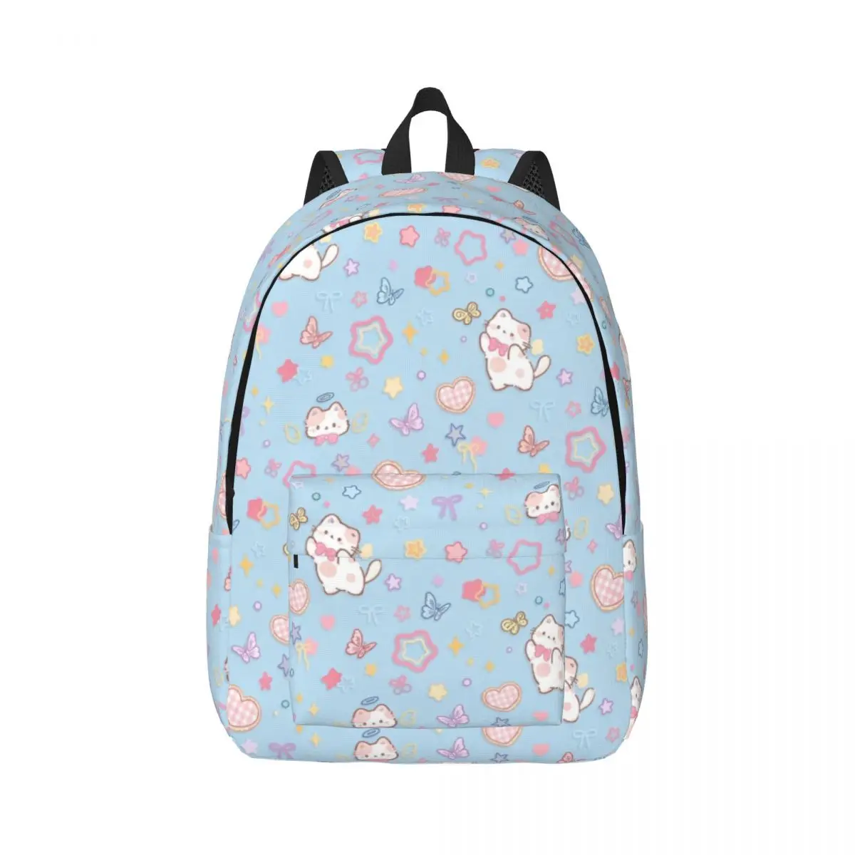Soft Aesthetic Student Backpack Tossed Cat Heart Playful Kawaii Light Blue White Pink Fashion Daypack for College Travel Gift
