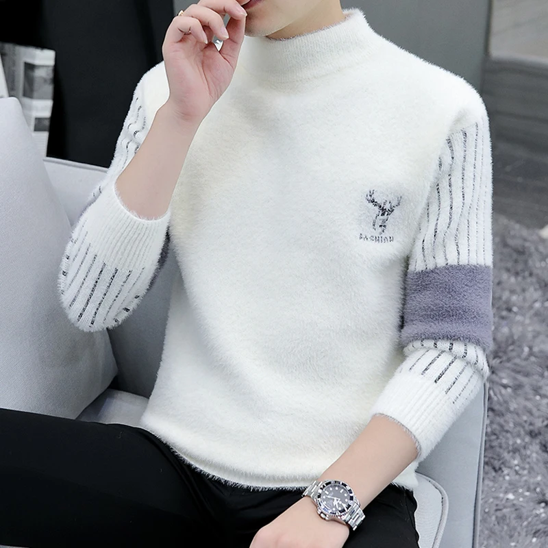 

Men's Knitted Sweater 2023 New Autumn Winter Mink Velvet f High Collar Warm Base irt Trendy Long Sve Slim Fit Geometr...