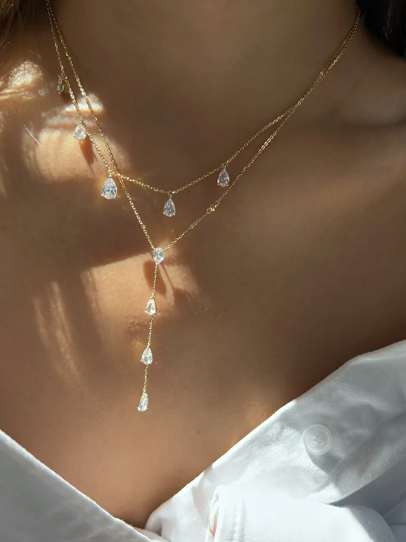 2024 Shiny Zirkon Droplet Overlay Set mit Doppelschicht Gold Farbe Kette Halskette Party frauen Exquisite Schmuck Halskette Acc – Detail 10