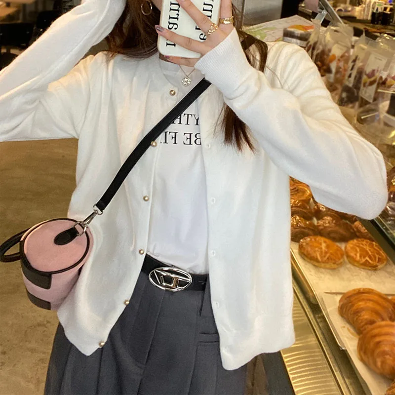 

Knitted Sweater Women Cardigans New Long Sleeve O-Neck White Knit Sweater Cardigan Women Tops Knitwears Sueters De Mujer Q1046