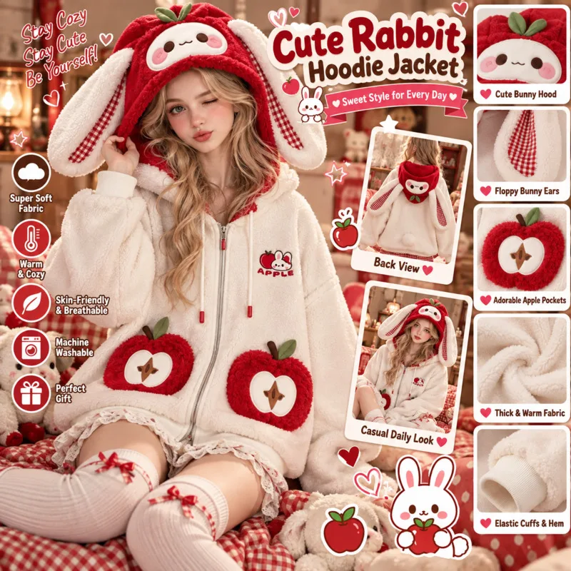 Christmas Apple Pattern Print Jacket Women Oversized Fleece Hooded Zipper Cardigan Thickened Warm Long Sleeve Casual Coat Gift