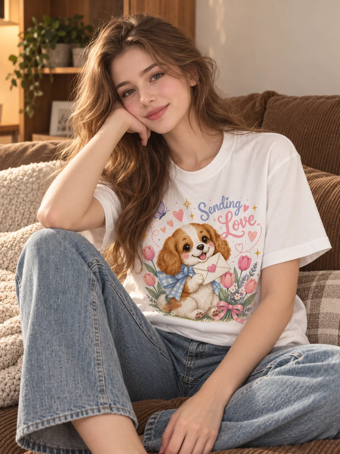 Women Cotton T-Shirt Sending Love Cavalier King Charles Spaniel Tulip Butterfly Heart Graphic Short Sleeve Tee