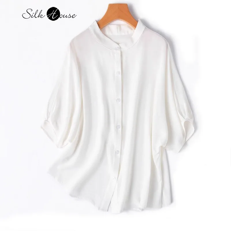 Women's Fashion Spring/Summer New 100% Natural Mulberry Silk Double Crepe White Stand Up Collar Batwing Sleeves Loose Shirt