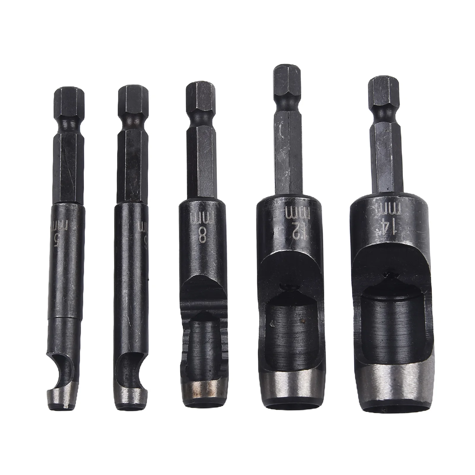 5pcs Hollow Punch Hex Shank Adapter Leather Hole Punching Tools 5/6/8/12/14mm Carbon Steel Drilling Puncher Kit Belt Punch Tool