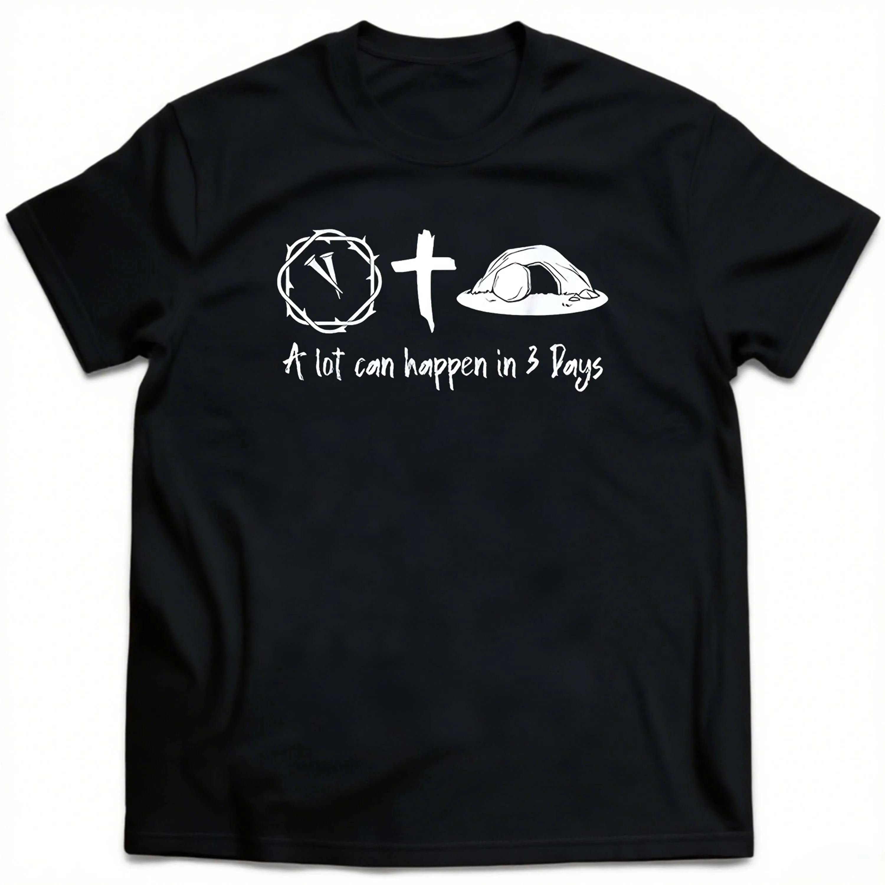 Plus Size Black Short Sleeve T-Shirt with Religious Elements Pattern Suitable for Outdoor Leisure Wear in Summer