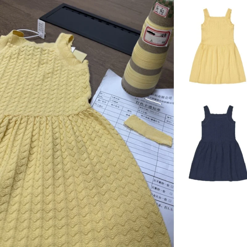 

Girls Dress 2025 Summer Yellow Jacquard Hollow Out Fashion Children's Dress Cotton Sweet Sleeveless Girls Knitted Halter Dresses