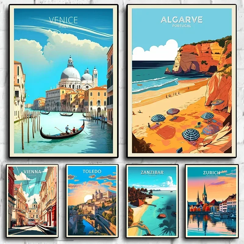 Nordic Retro Holiday Travel City Venice Algarve Tourism Picture for Room Living Print Art Home Wall Decor Poster Canvas Painting