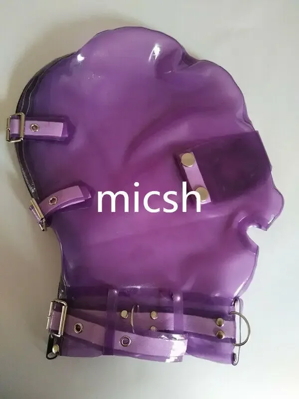 100% Pure Latex Rubber Purple Hood Handmade Blindfold Zipper Halloween 0.4mm Size S-XXL