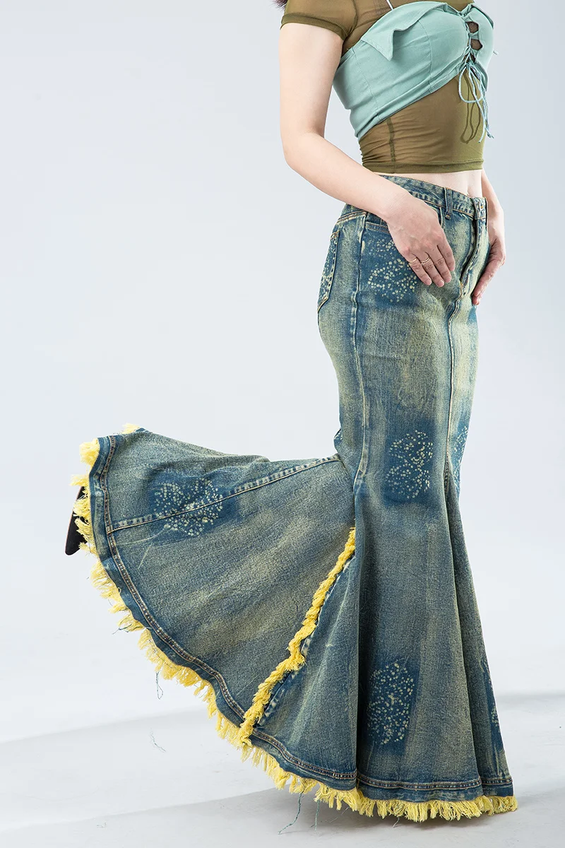 Fashion Tie-Dyed Sheath Skirts Trendy Feminine Slim Fit Slimming Denim Long Skirts Tassel Special Large Swing Fishtail Skirt