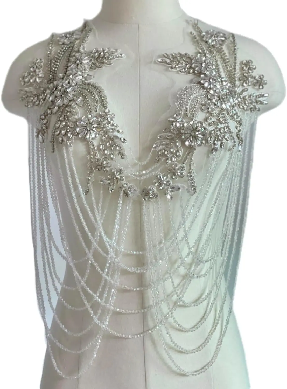 

Аппликация из стразов с кисточками ручной работы, аппликация на лифе со стразами, белая аппликация со стразами для платья, аксессуар для свадебной одежды