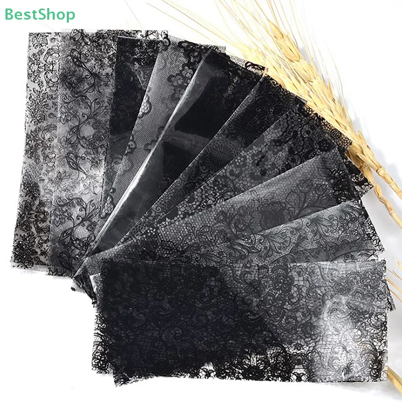 10 Stücke Weiß Schwarz Spitze Nail art Folien Set Top Floral CharmNail Transfer Aufkleber Papier DIY Maniküre Nagel Dekoration Zubehör