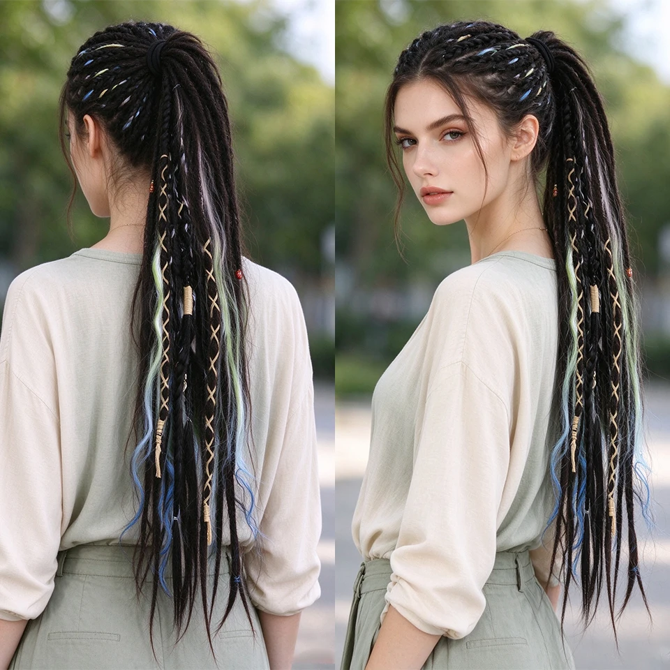 Boho Braided Dreadlock Ponytail Hair Extensions Synthetic Dreads with Beads Braid Hair for Women Daily Party Halloween Christmas