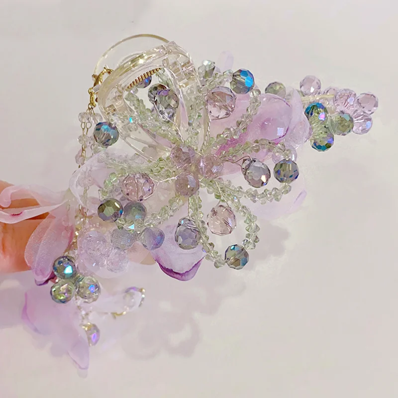 

Chinese Style Crystal Mesh Flower Hair Claws Headband Super Fairy Hair Clips Hairpin with Tassel Back Head Shark Clip Headpiece