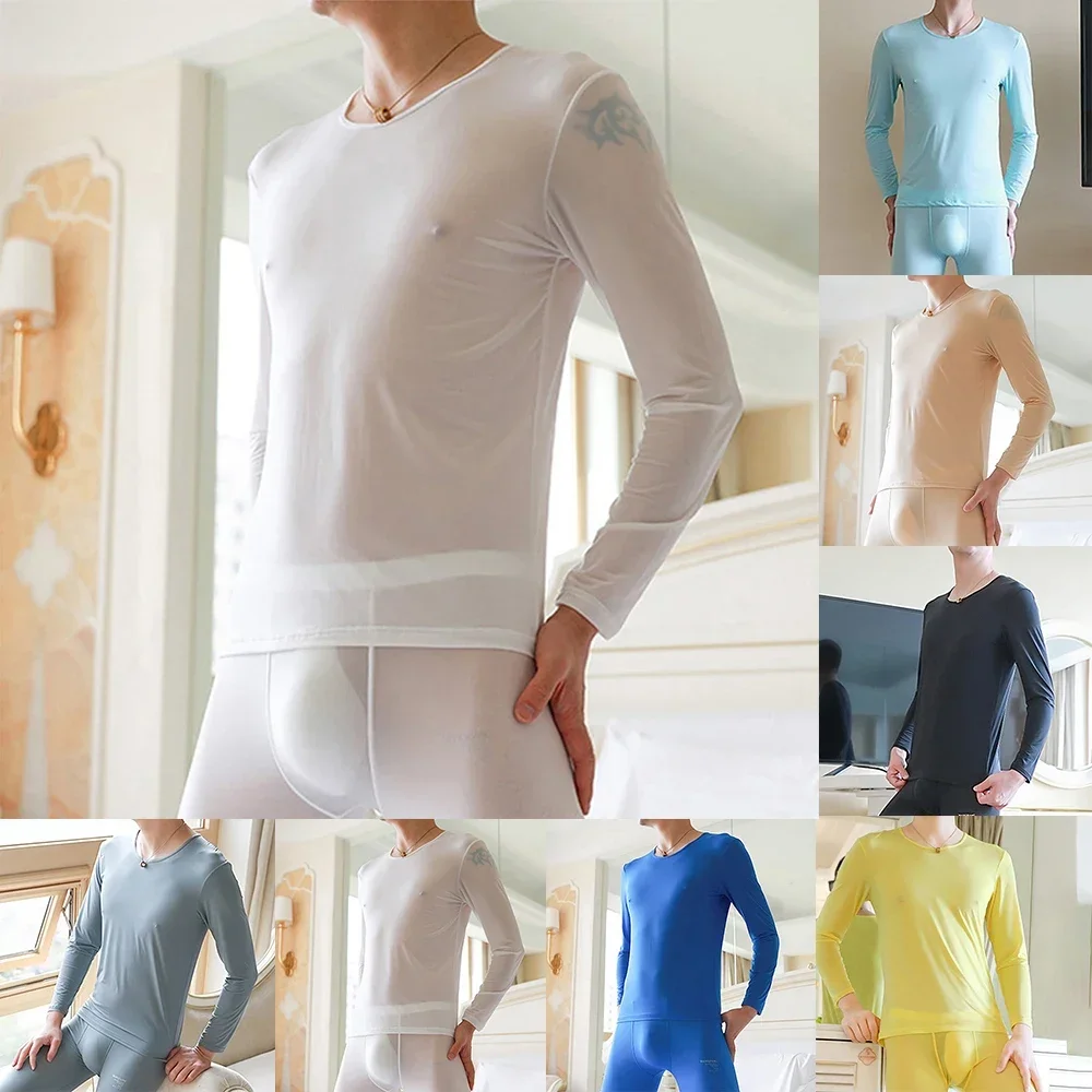 Solid Color Men Thermal Underwear Tops Ice Silk Seamless Long Johns T-Shirt Nightwear Elastic Ultra Thin Lingerie Tops For Man