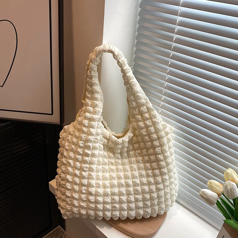 Women Shoulder Bag Cute Pleated Bubbles Female Underarm Bag Large Capacity Tote Shopping Bags Soft Cloth Fabric Handbags Purse