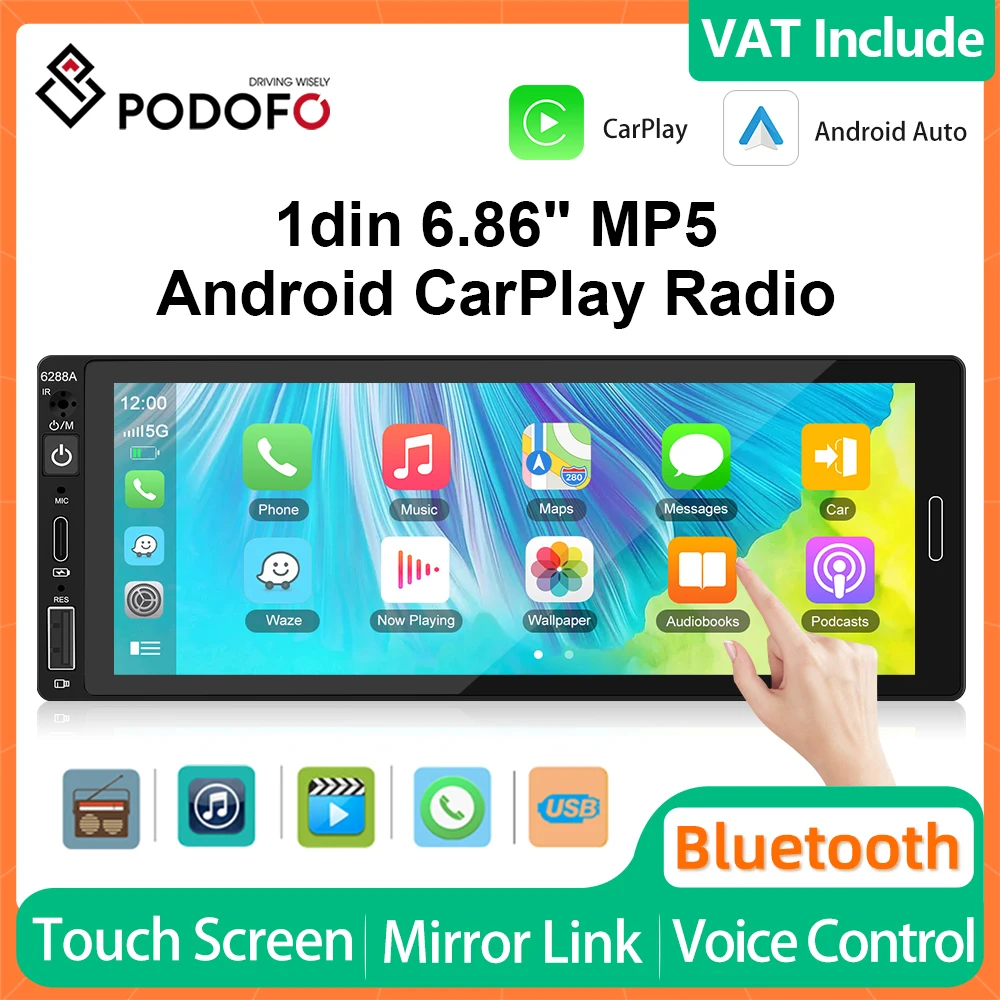 Podofo 1din Android Radio Wireless CarPlay Android Auto Car Multimedia Player GPS Stereo Head Unit Universally Autoradio WiFi FM