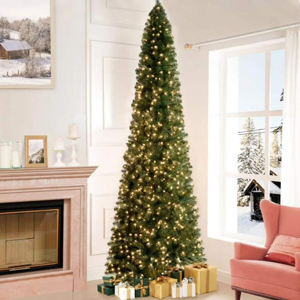 

9ft Slim Christmas Tree with Lights, Christmas Tree with Branch Tips, Warm Lights and Metal Stand, Aritificial Christmas Tree