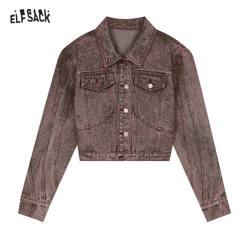 2024 Autumn ELFSACK New Arrivals Green retro American lapel sweet cool wasteland style denim short jacket for women