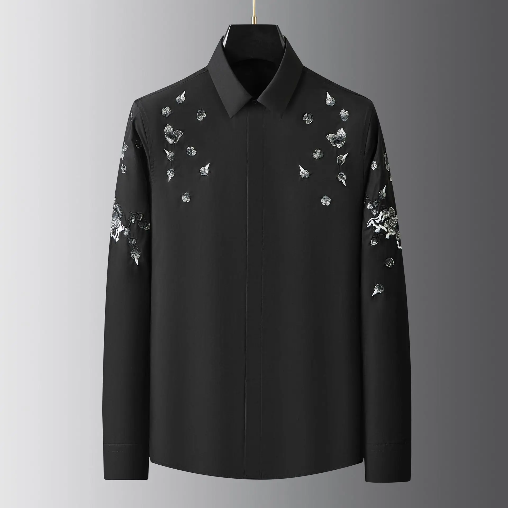 Luxury Flower Metal Silver Thread Embroidered Shirt Men's Long Sleeve Casual Shirt Business Social Banquet Party Dress Shirts