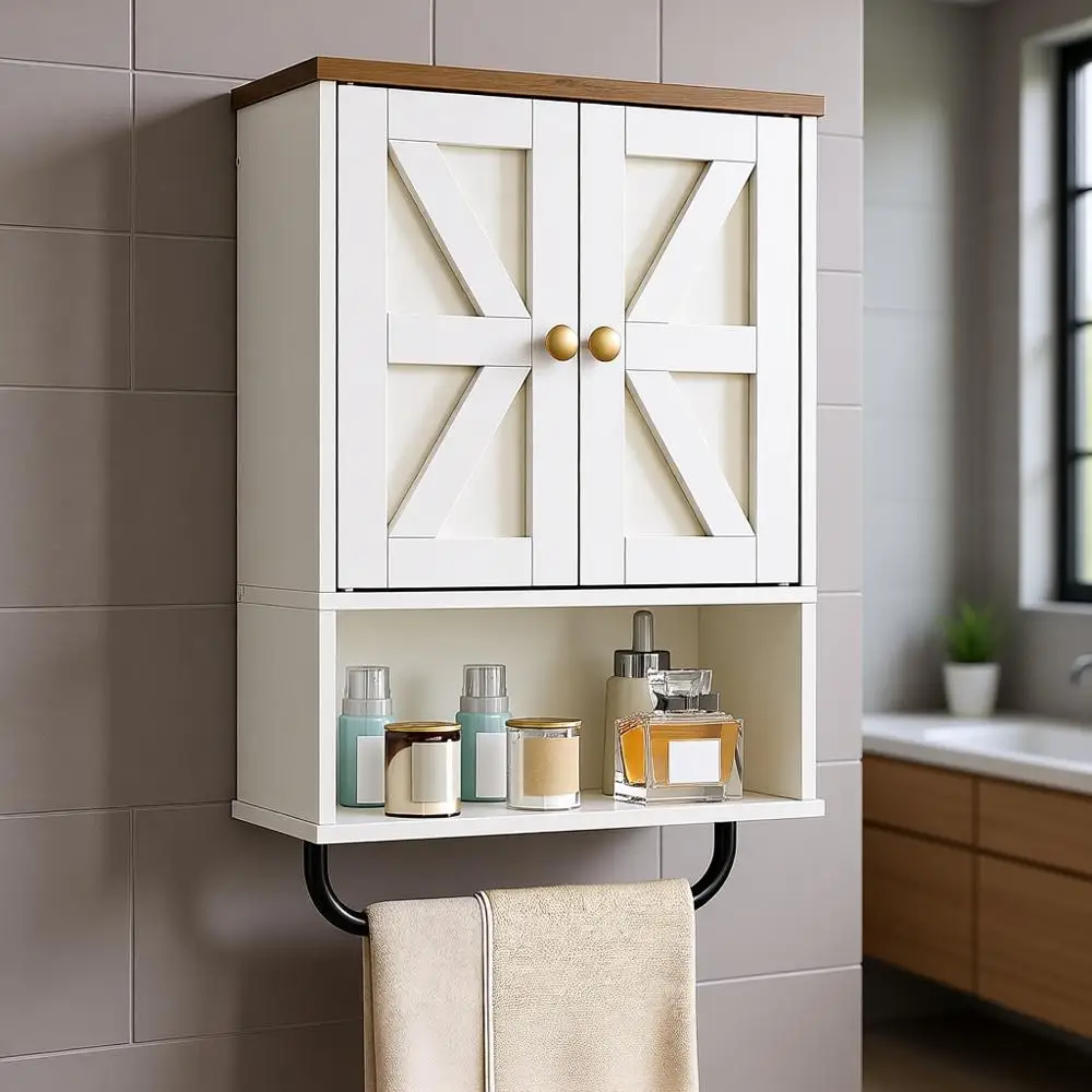 

Настенный шкаф для ванной, аптечка с открытыми секциями и держателем для полотенец, деревенский шкаф для хранения с открытыми и скрытыми отсеками