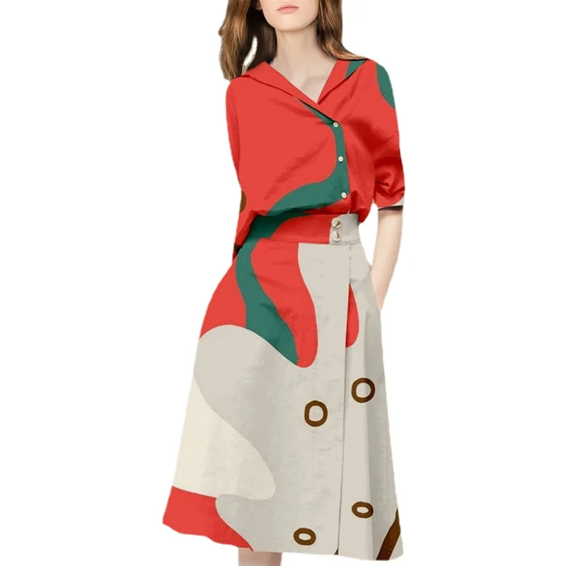

Fashion suit women's 2022 summer new light luxury western style printed top and skirt two-piece set