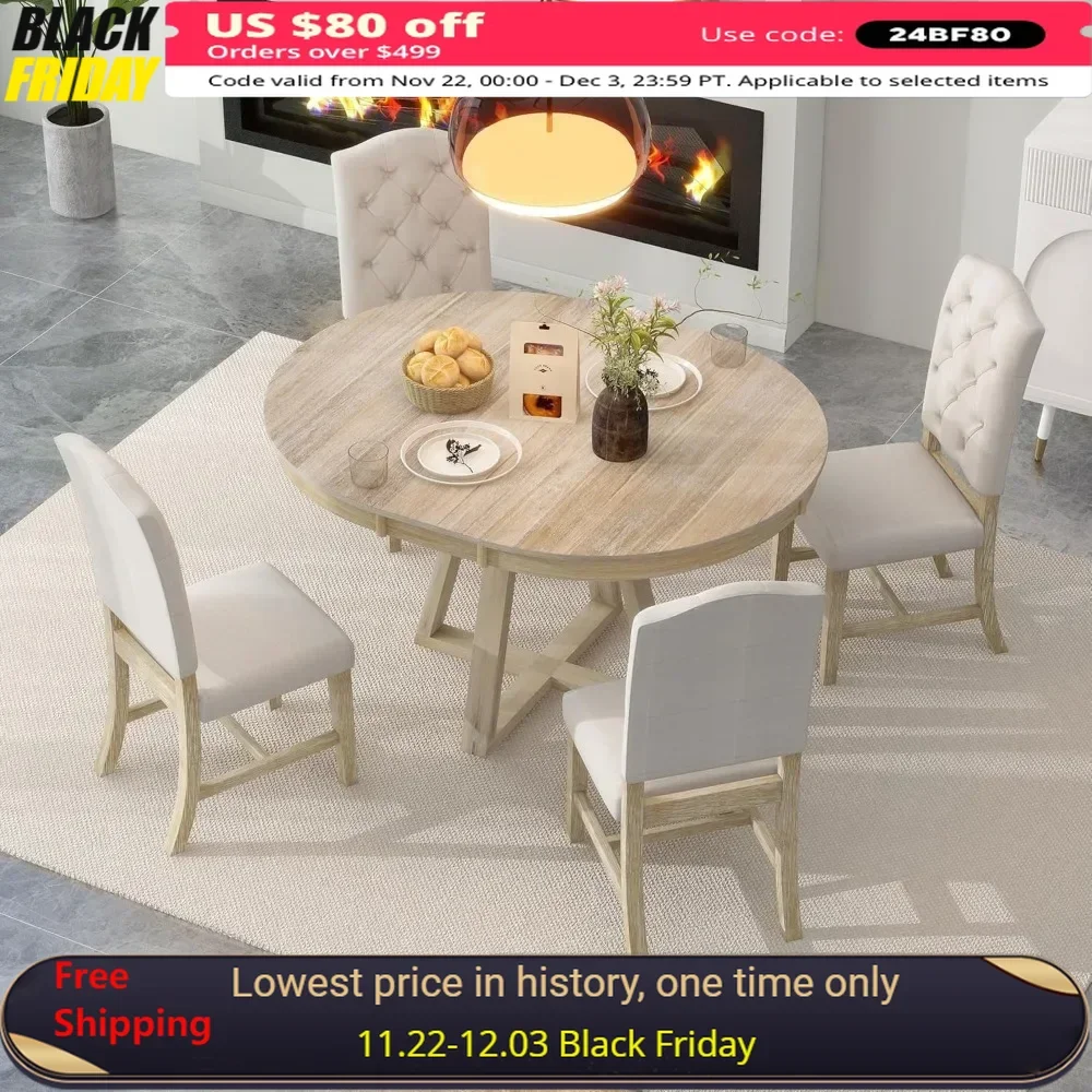 Dining Table and Chairs, 5 Piece Dinings Room Table Set with Extendable Table and Upholstered Chairs,Wood Dining Furniture Set