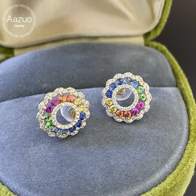 Aazuo 18K Solid Yellow Gold Natural Rainbow Sapphires Real Diamond Fairy Sun Flower Stud Earring Gifted For Women Birthday Au750