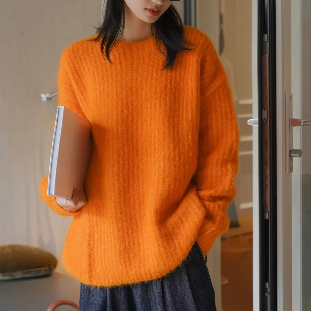 Mohair Wool Blend O Neck Long Sleeve Pullover for Women Soft Knit Casual Sweater Top