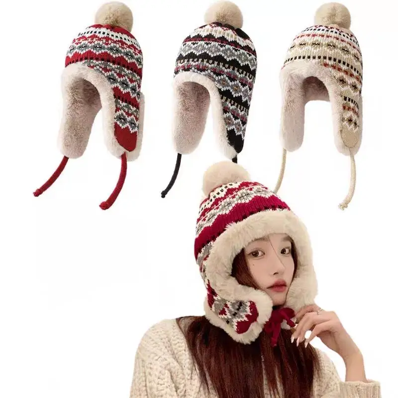 

Warm Bomber Hat Thermal Knitted Thick Fleece Earflap Hats Plush Windproof Lei Feng Caps Versatile Cold Proof Ear Protection Cap