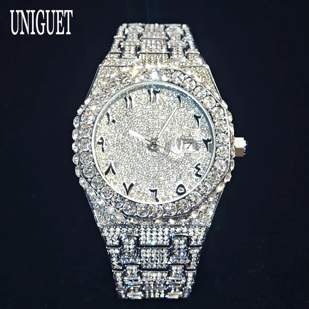 UNIGUET Luxury Big Diamond Watch for Men Hip Hop Iced Out Bling Gold Quartz Wristwatch with Date 2026 Hot Sale Reloj Hombre