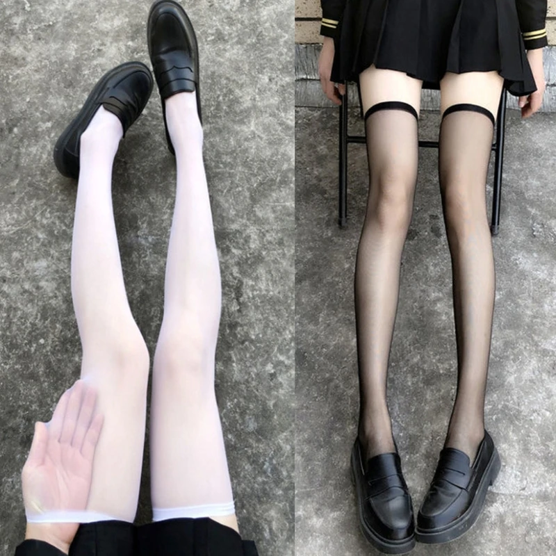 Womens Summer Silky Thigh High Stockings Harajuku Lolita Ultra-Thin Transparent Ribbed Elastic Top Over Knee Long Socks