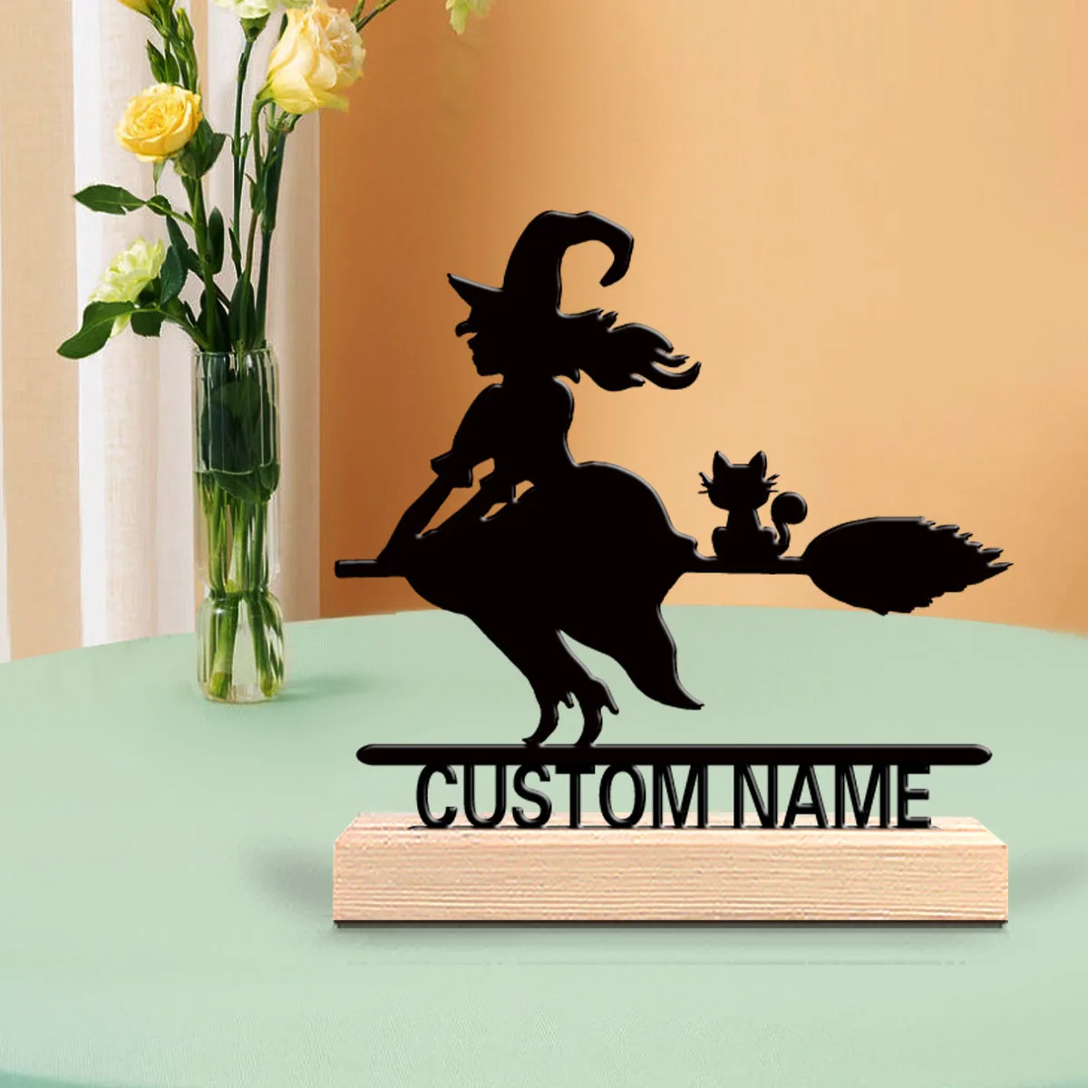 1pc Modern Witch Personalized Text Metal Statue Iron Ornament Crafts With Wood Base Metal Sculpture With Wood Base Bedroom Table