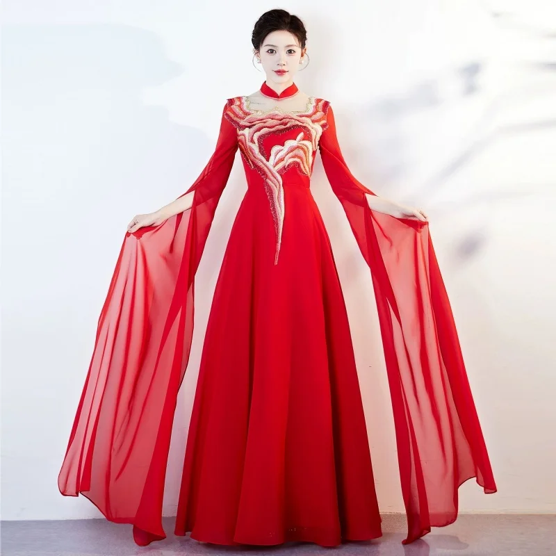 

Женское вьетнамское платье Aodai с цветочной вышивкой, вечернее платье Cheongsam, длинное танцевальное платье для хора