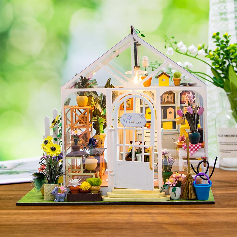 DIY Houten Miniatuur Model Kit Sunshine Flower Cottage Casa Poppenhuizen 3D Puzzel Poppenhuis Met Meubels voor Vrienden Geschenken