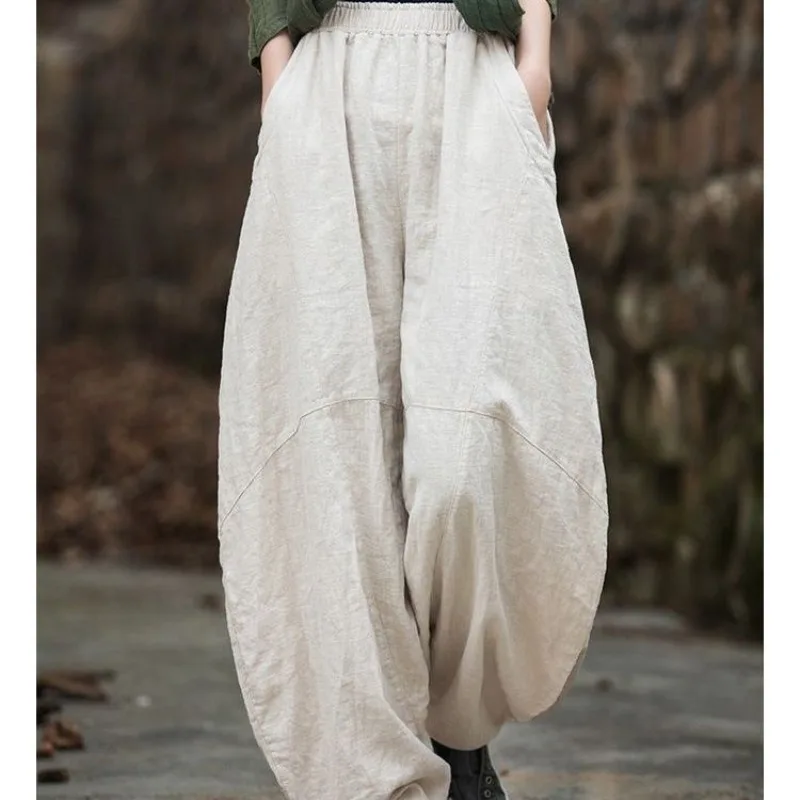 

Women's Spring/Autumn Long Pants Wide Legs Drape Lantern Pants Cotton Linen Retro Short Leather Pure Color Simple New Versatile