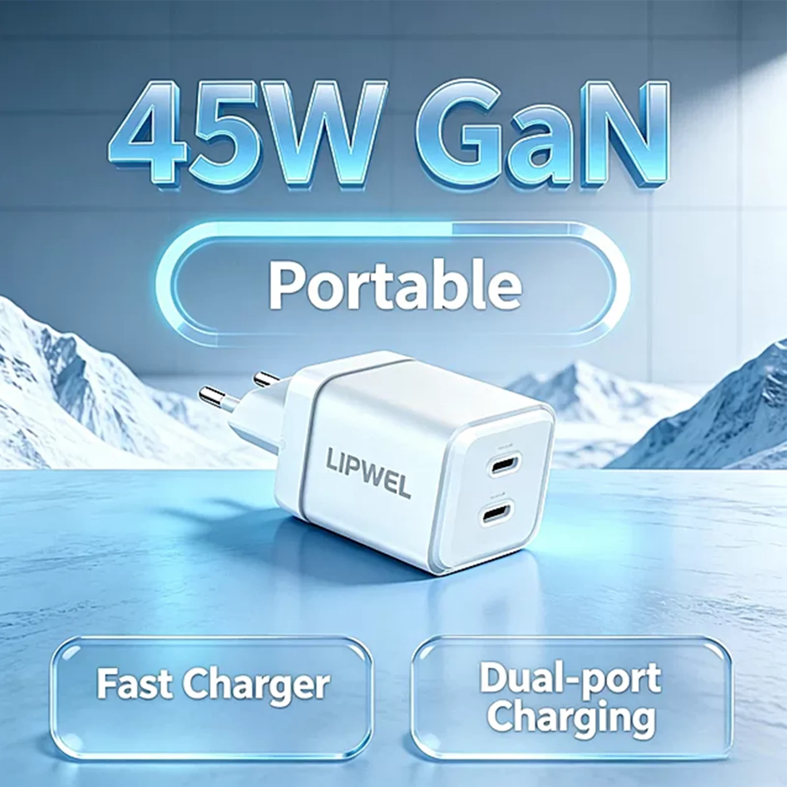 EU-Stecker LIPWEL GaN 45W Dual USB-C Schnellladegerät Kompakter Mehrfachschutz Sicherer Ladeadapter Kompaktes Reiseladegerät für iPhone