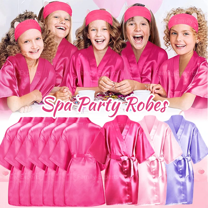 1-15set Kids Spa Party Robe Girls Birthday Squad Robes Soft Silk Satin Slumber Kimono Robe DIY Bathrobes with Hairband Eye Masks