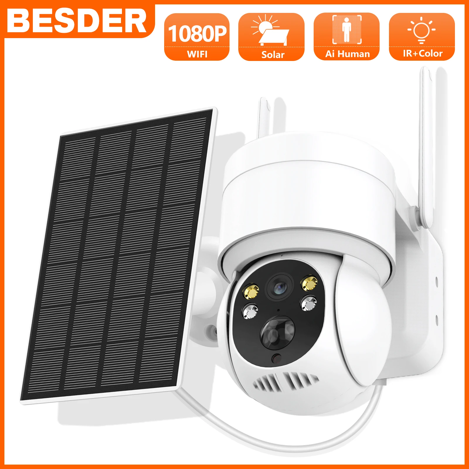 BESDER 100% Wireless WIFI Solar Panel PTZ IP Camera Rechargeable Battery PIR Human Detection 1080P Outdoor CCTV Security Camera