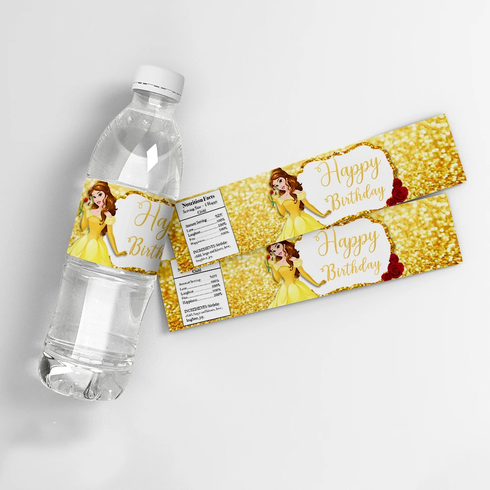 Disney Belle Princess Water Bottle Labels beauty and the Beast Party Supplies Birthday Decorations Sticker for Girls Baby Shower