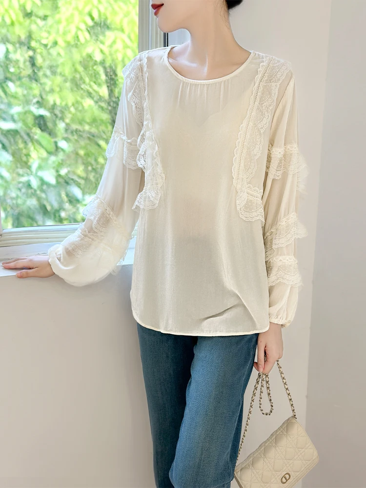 

Ele Lace Splice Oversized Velvet irt Women's 2025 Autumn New Sle Straight Cut Long Sve round Ne Casual Top