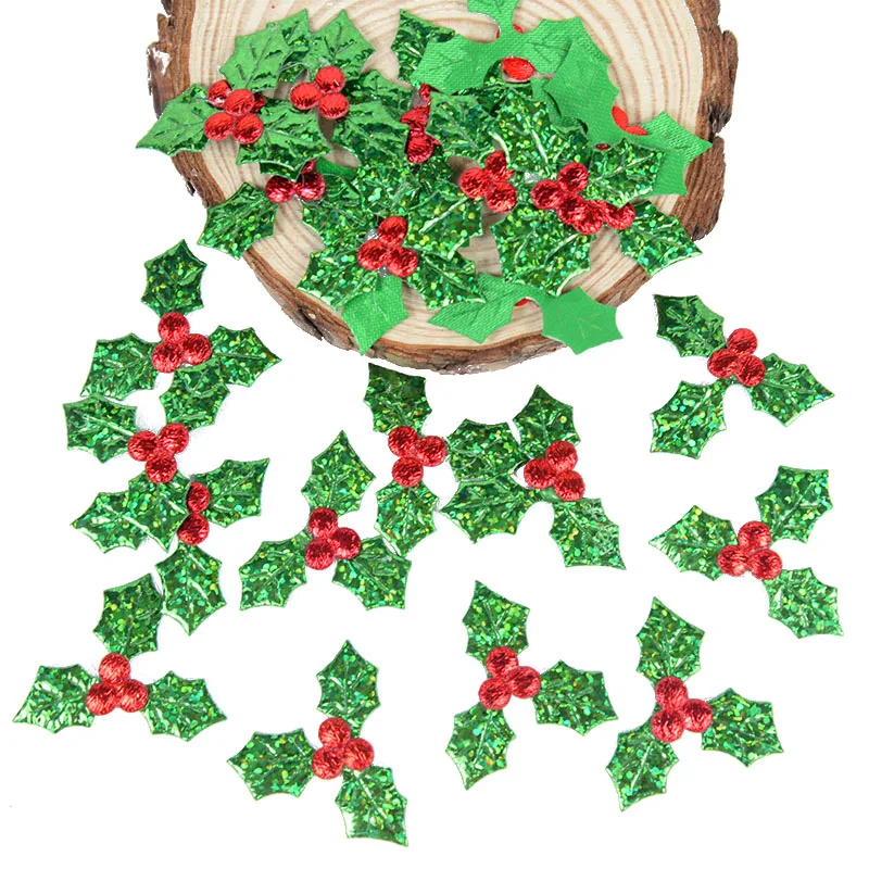 100pcs Glitter Berries Berry Green Holly Leaves Appliques Christmas Decorations For Home Table Scrapbook DIY Wreath Gift Craft