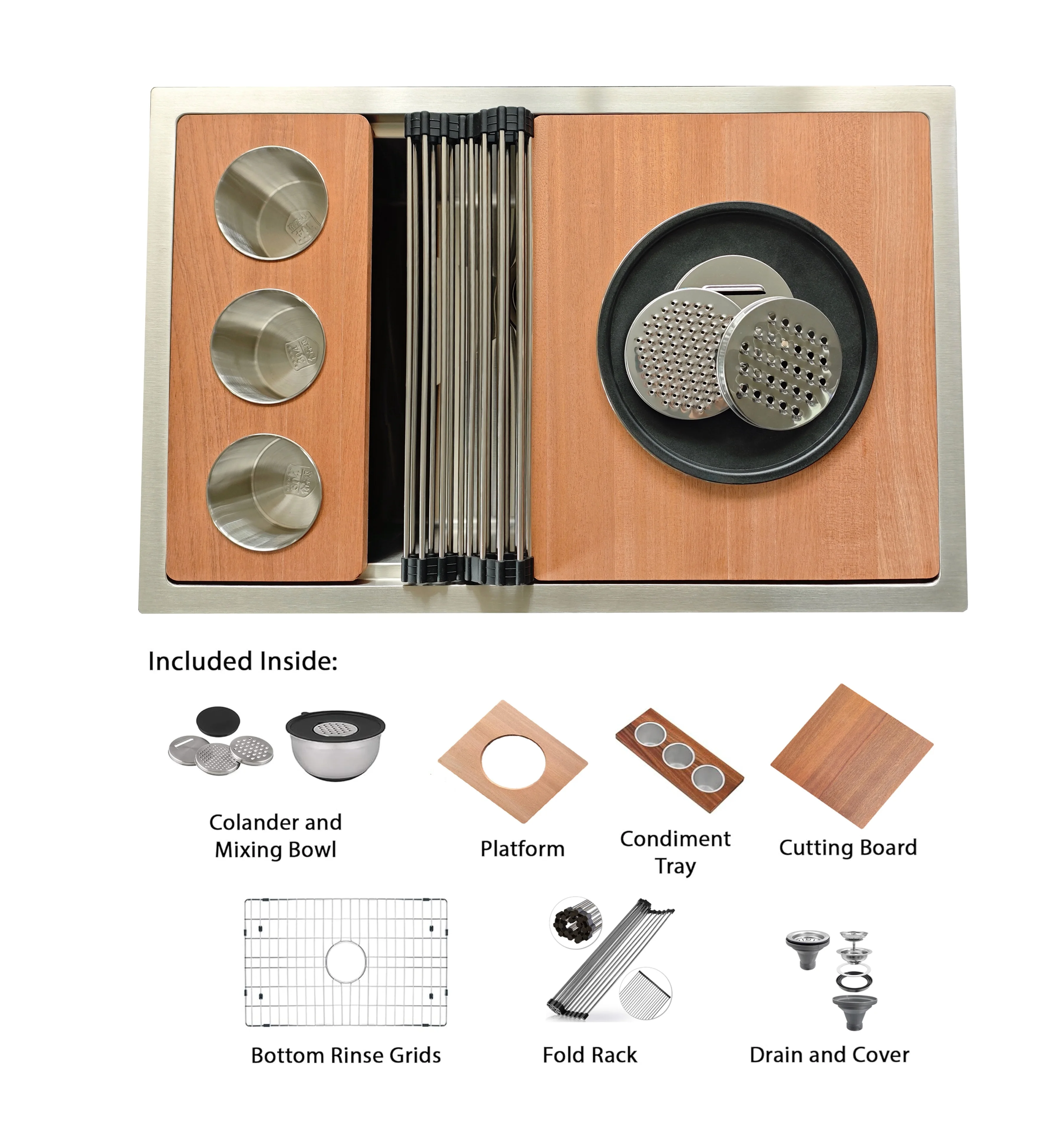 32inch Single Bowl Bar Workstation 1 Ledge Kitchen Sink 304 Stainless Steel  16 Gauge Workstation Undermount Kitchen Sink