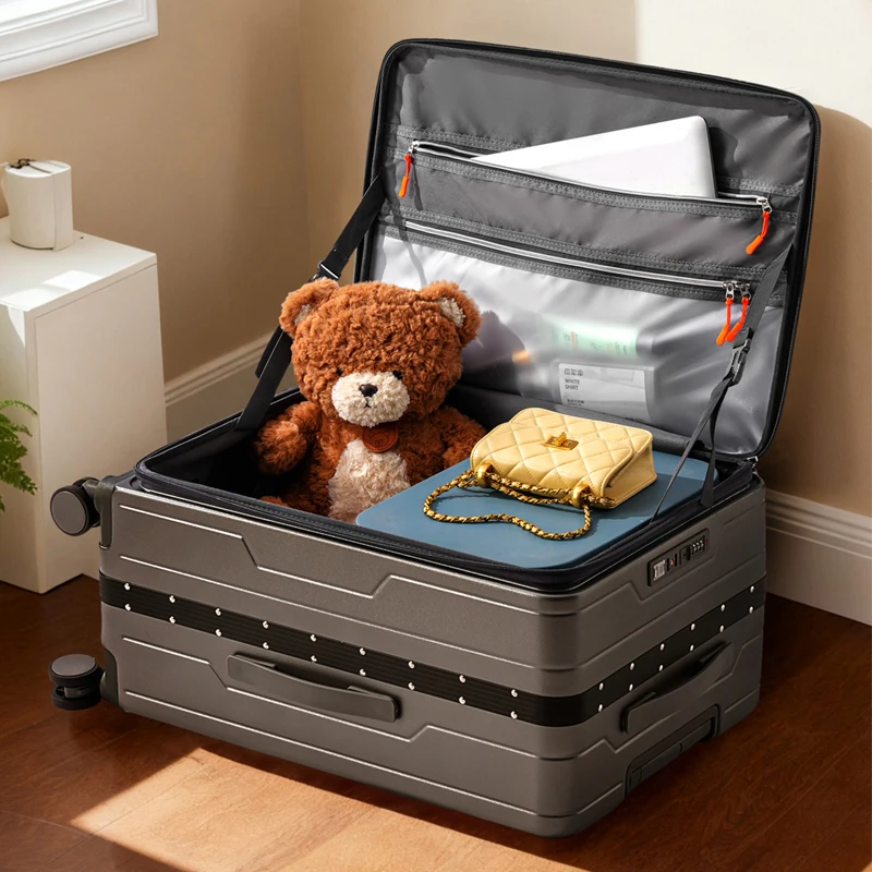 

28-inch Luggage Side-Opening Lid Carry-On Suitcase on Wheels with Phone Stand and Charging Port Sturdy Durable Trolley Case NEW