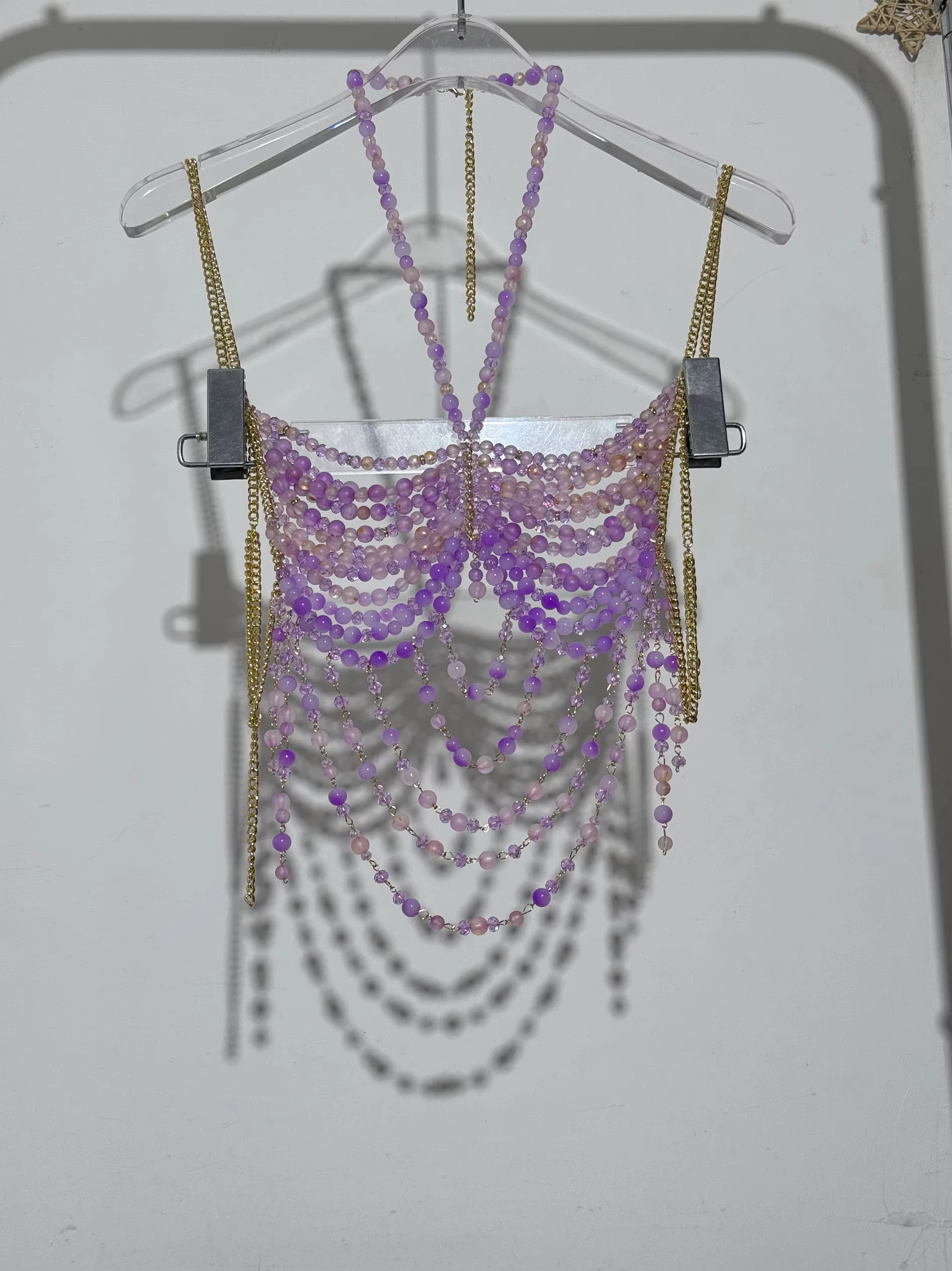 Sexy Women Handmade Body Chain Jewelry Red Purple Beaded Body Chain Bikini Bra Backless Romantic Tank Top