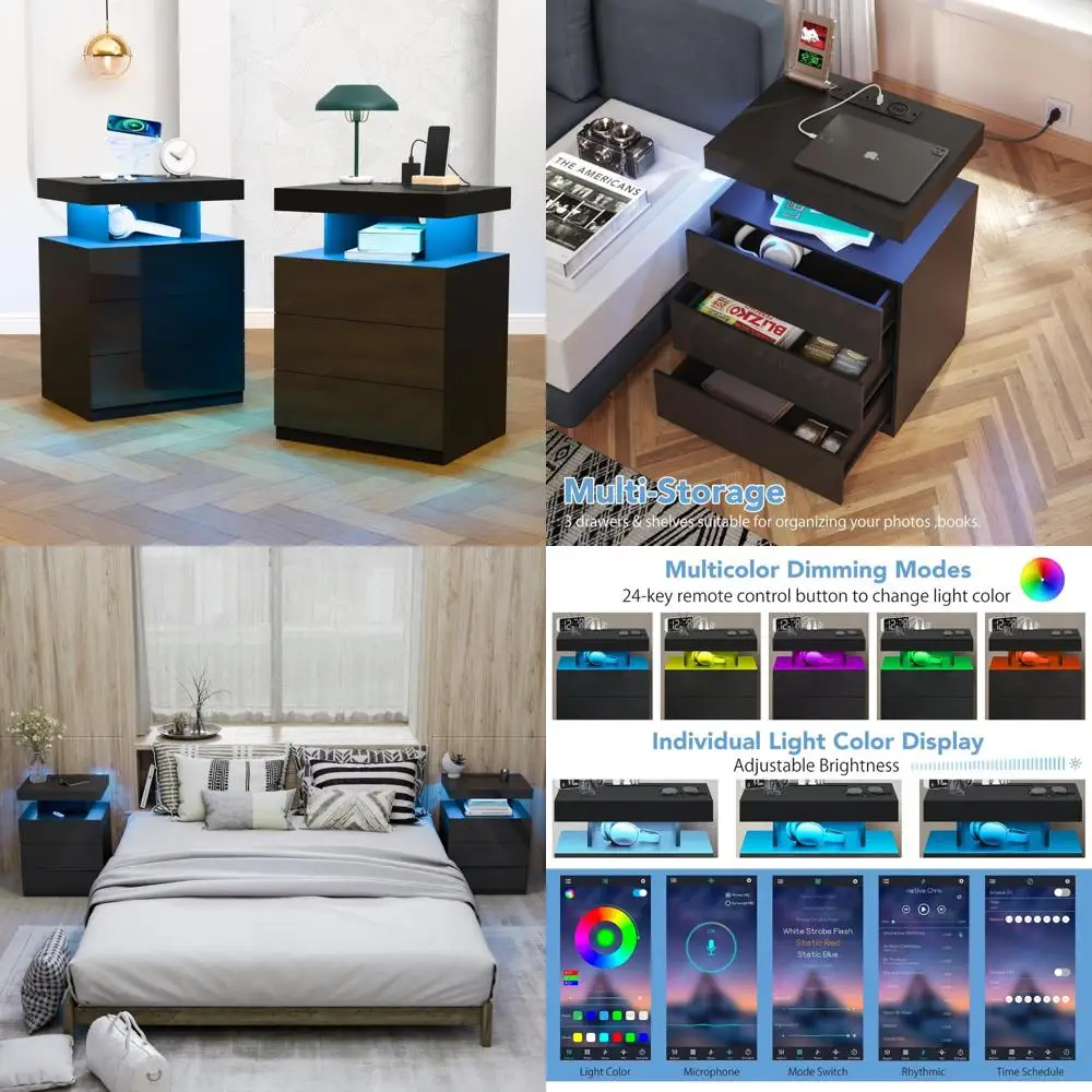 Modern LED Nightstand Set with Wireless Charging, 3 Drawers, USB Port C, Smart Bedside Table in Black