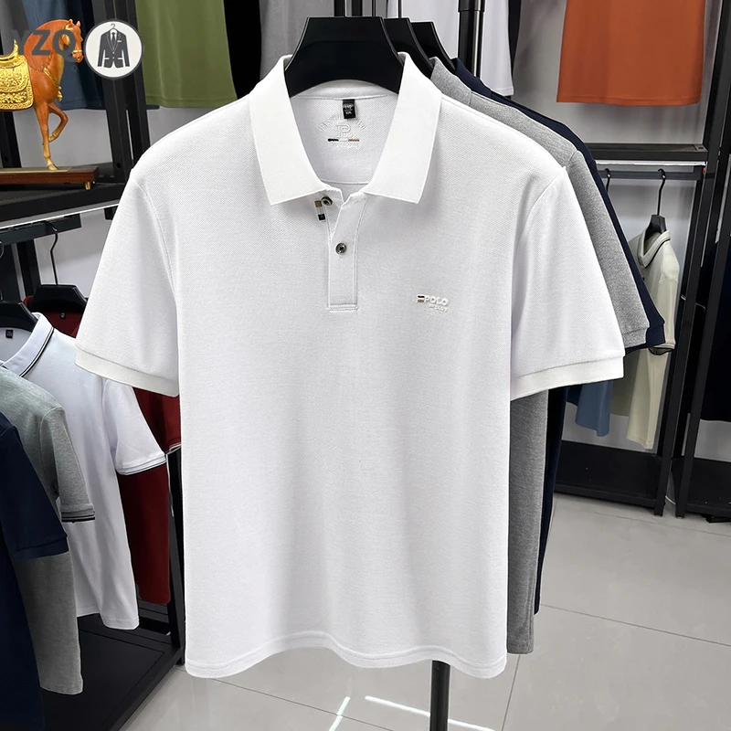 Mens thin pique knit short sleeve polo top lapel single button placket slim elastic business daily simple casual garment